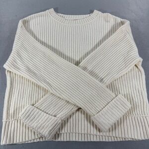 Lucky Brand Cream Ribbed Knit Crewneck Sweater 3/4 Sleeve Cropped Pullover Ivory